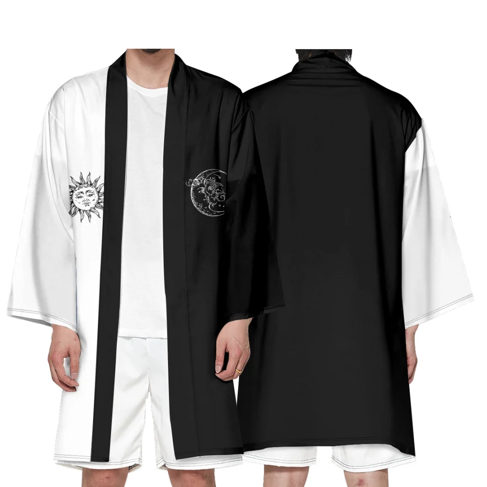 

Men's Japanese Long Kimono Cardigan Men Samurai Costume Kimono Sun Moon Pattern Kimono Shirt Yukata Outer Cover Cosplay Costume
