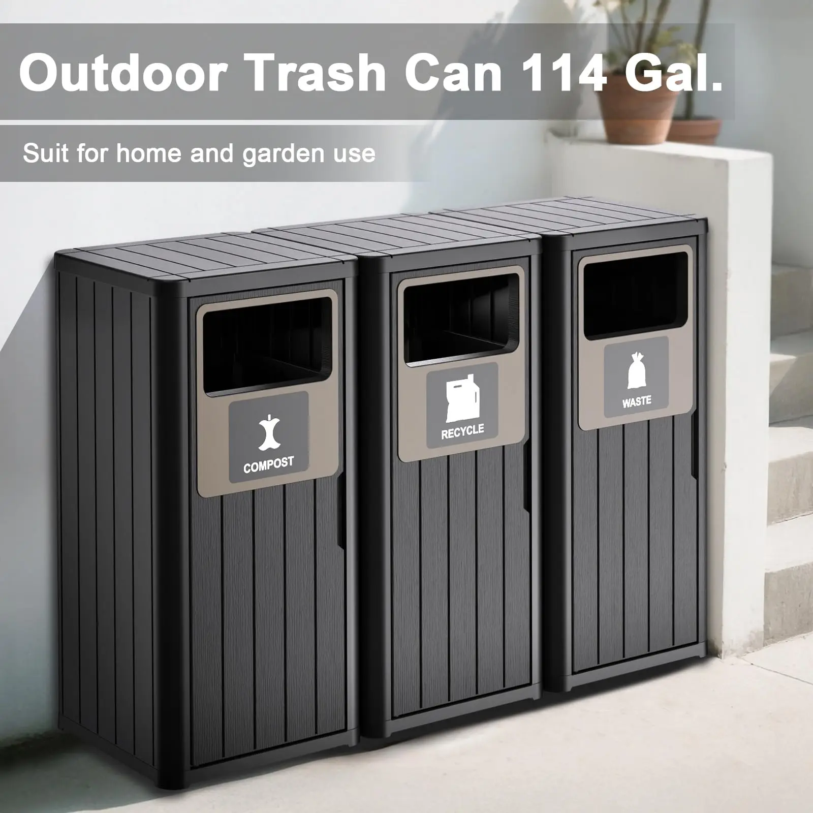 Outdoor Three Barrel Trash Can,Waterproof Resin Garbage Can with Garbage Labels,Durable Waste Bin for Porch