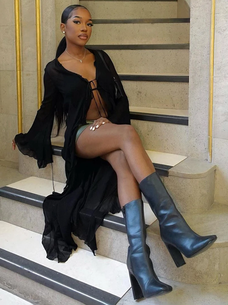 Nibber Solid Dress Women Ruffles Lace Up Summer Trend Sheer Long Sleeve Deep v-Neck Streetwear Y2K Cardigan Bodycon Clubwear