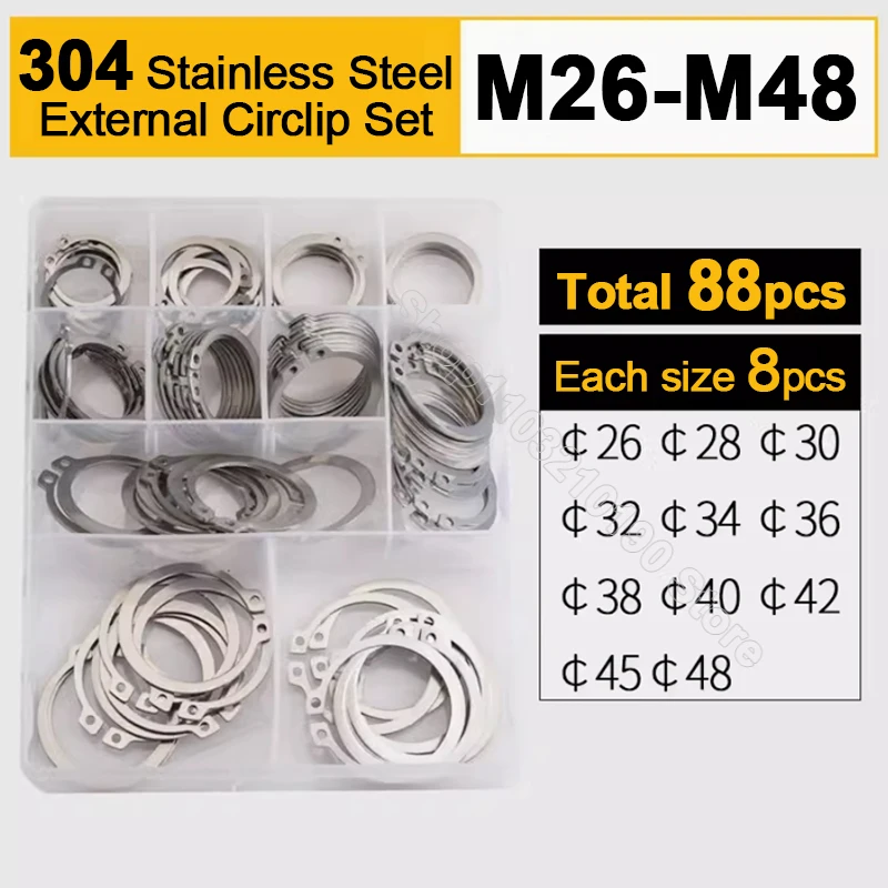 

88pcs M26 M28 M30 M32-M48 C Clip External Circlip Snap Retaining Rings Set 304 Stainless Steel Circlip Assortment Kit for Shaft