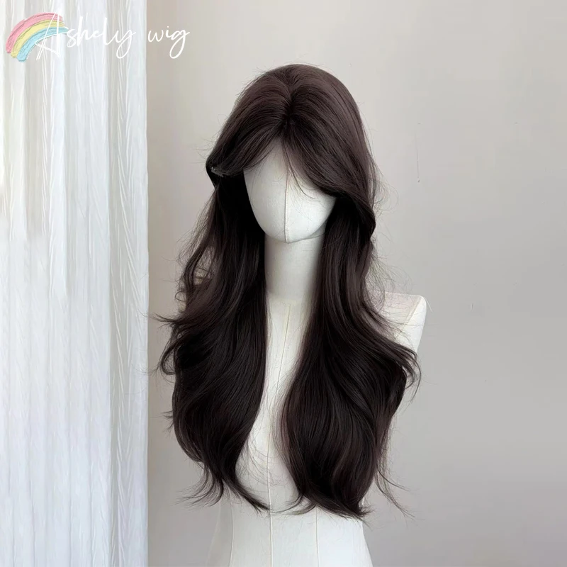 شعر مستعار بني أسود للنساء 24 بوصة شعر مستعار طويل مموج طبيعة المظهر لوليتا لطيف بيروكات صناعية ارتفاع درجة الحرارة الألياف شعر مستعار #3