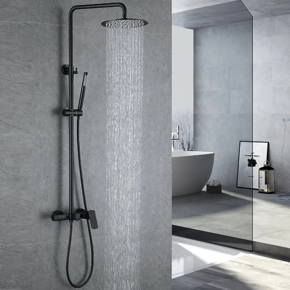 

Matte Black Shower System with Tub Spout and 3-Function Brass Shower Valve
