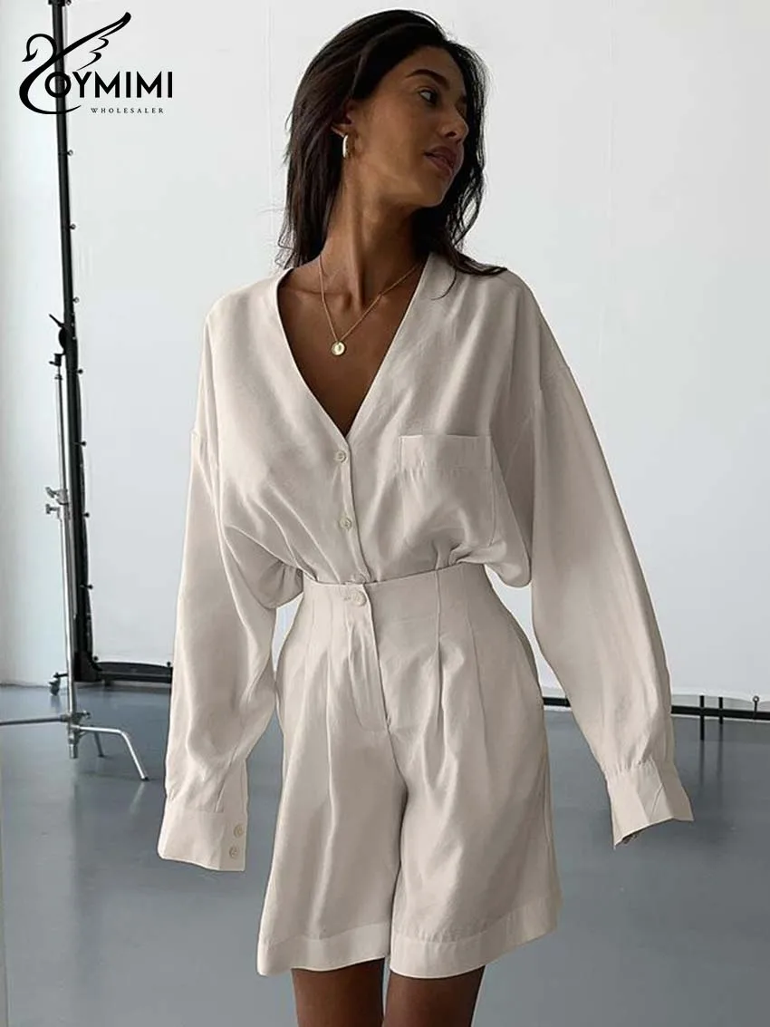 

Oymimi Fashion Apricot Cotton 2 Piece Sets Woman Outfit Elegant V-Neck Long Sleeve Button Shirt And High Waist Zipper Shorts Set
