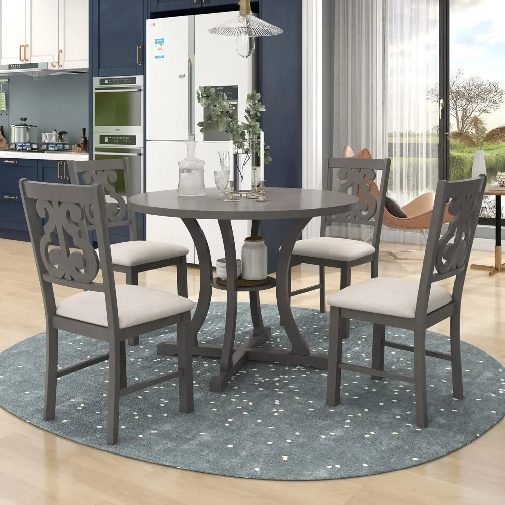 5-Piece Round Dining Table and Chair Set with Shelf for Family Dinings Area, Wood Dining Table Set