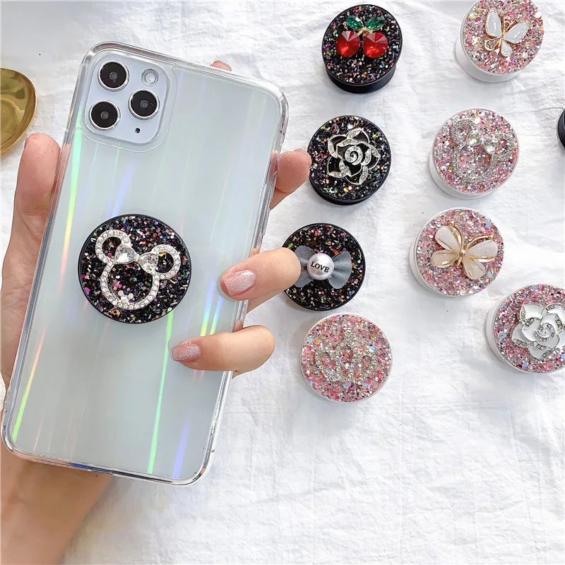 Support d'airbag extensible en diamant d'eau rose scintillant pour tablettes, support universel pour téléphone portable, support paresseux en pâte mignonne de dessin animé