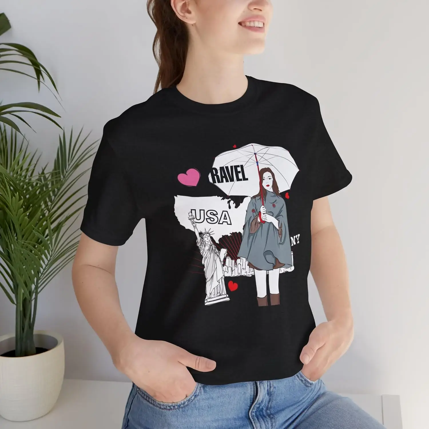 I Love Travel Graphic T-Shirt | USA New York Statue of Liberty Shirt for Women Casual Graphic Tee