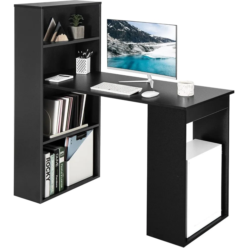 

Computer desk with bookshelf, writing desk with storage rack and CPU stand, modern compact computer workstation