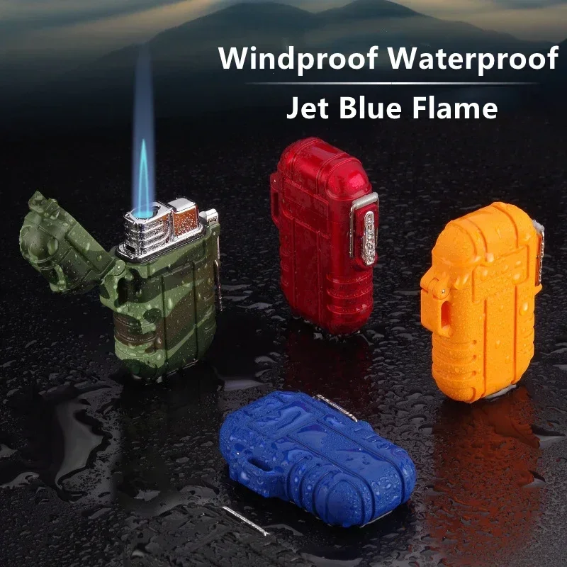 Outdoor Waterproof Lighter With Lanyard Portable Blue Flame Jet Lighter Butane Turbo Cigar Lighter Camping Wading Men\'s Gift