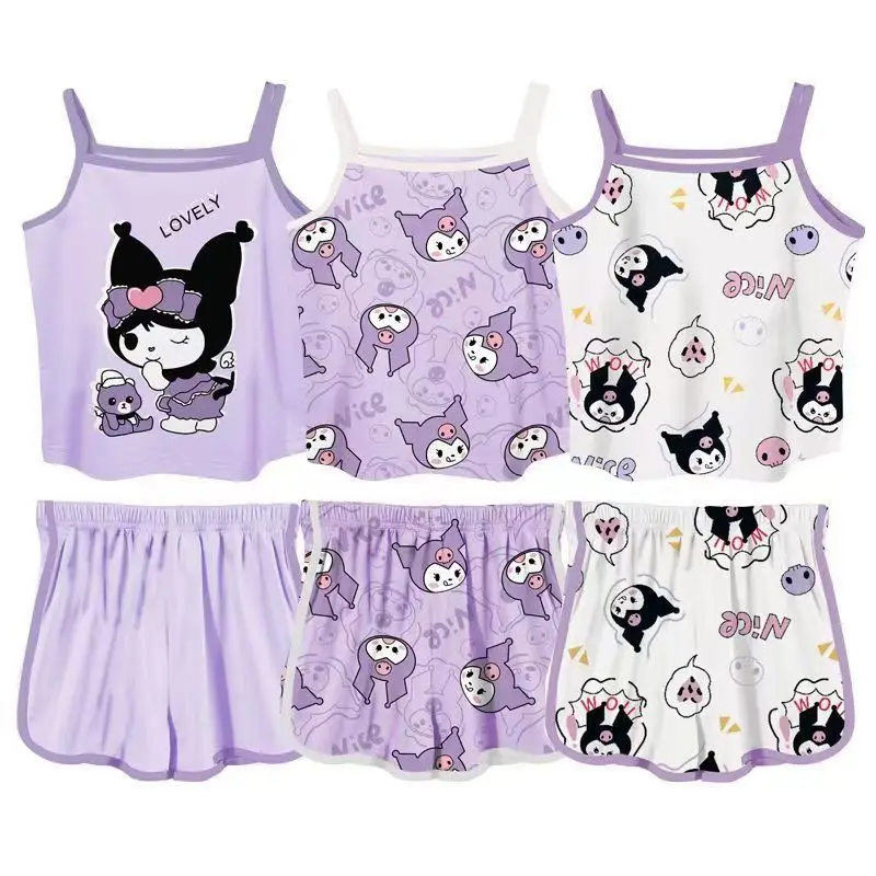 Spring Summer Child Girls Cartoon Tank Shorts Set Sanrio Kuromi Printed Camisole Tops Bottoms Kids Casual Pajamas Sleepwear