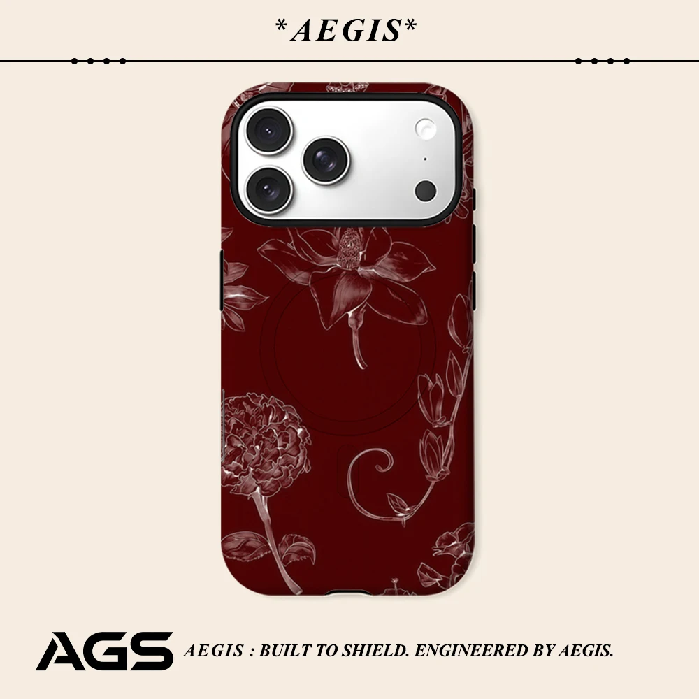 Burgunderrote Linienkunst Blumen-Handyhülle für iPhone 17 16 15 14 13 Pro Max Plus für magnetische ein- und zweilagige robuste Hülle