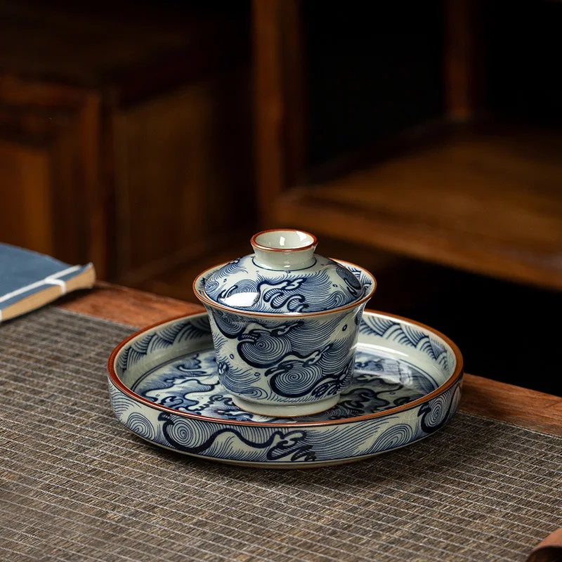 High Quality Old Clay Blue and White Porcelain HAILANG Pattern Horseshoe Gaiwan Tea Cup Ceramic Set Suit Kung Fu Brewing Bowl