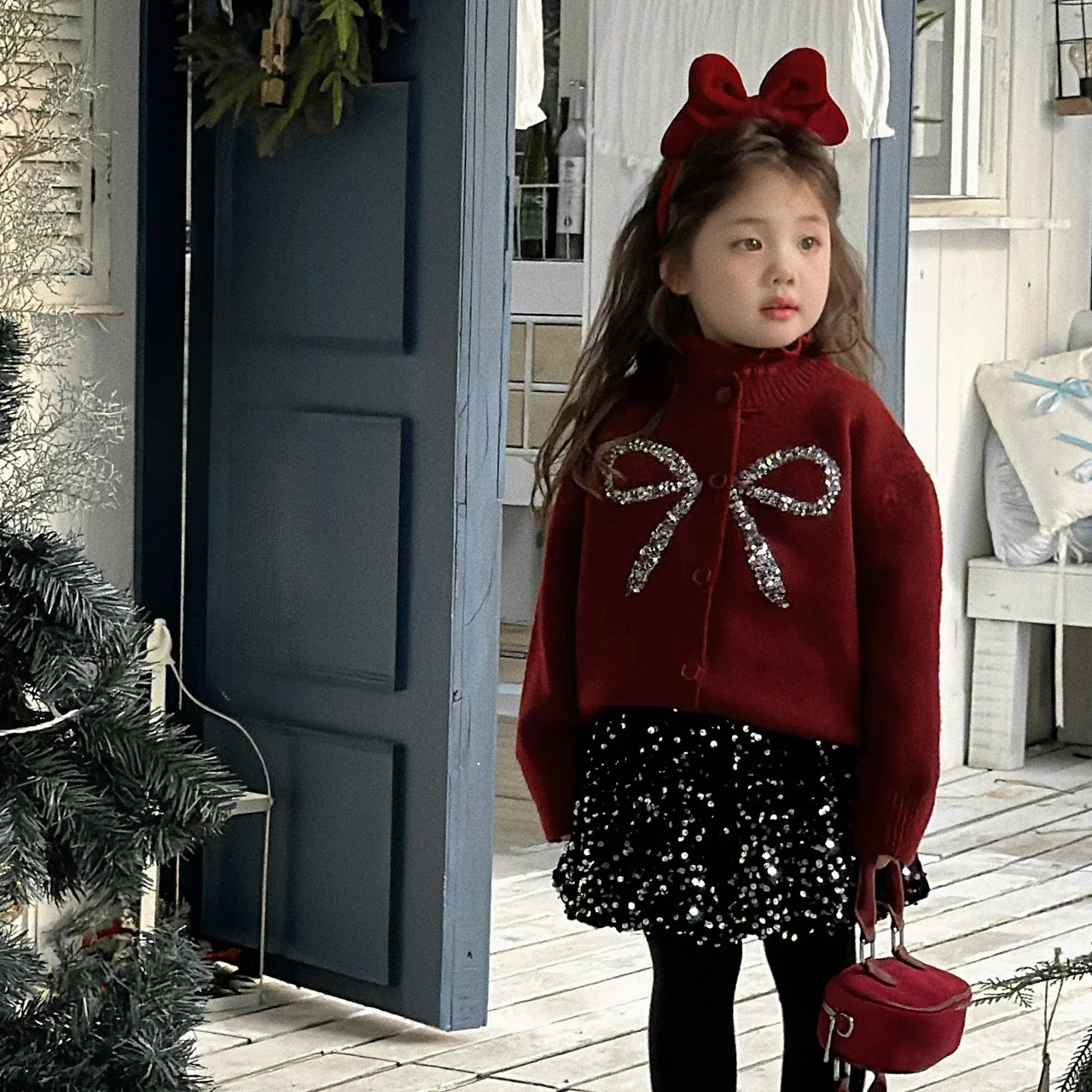 Trendy Sets for Child New Versatile Autumn Girl Top Princess Soft Korean Version Warm Sweater Exquisite Shiny Temperament Skirt