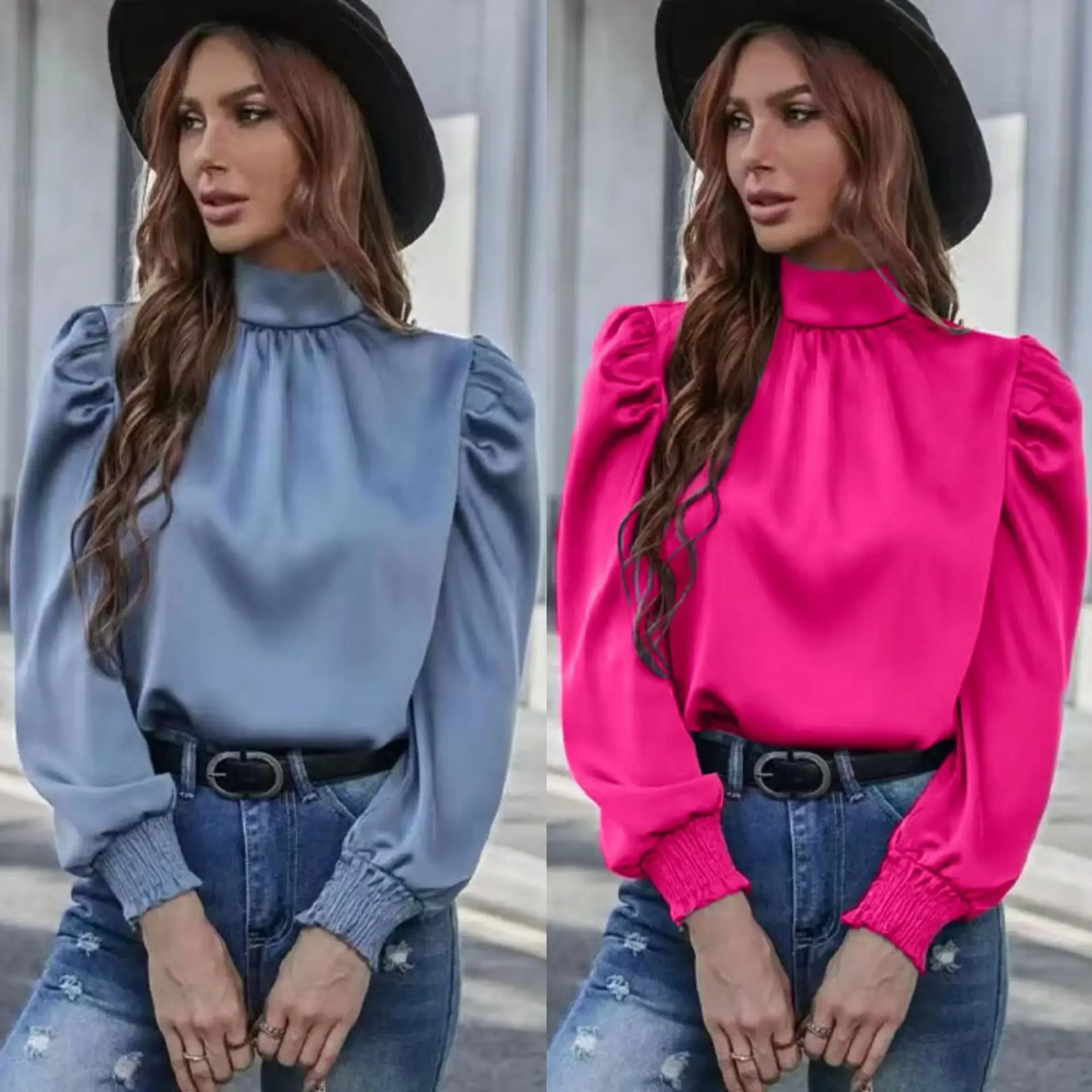 2024 spring new elegant semi-high neck bubble long sleeve pleated fitted blouse blouse