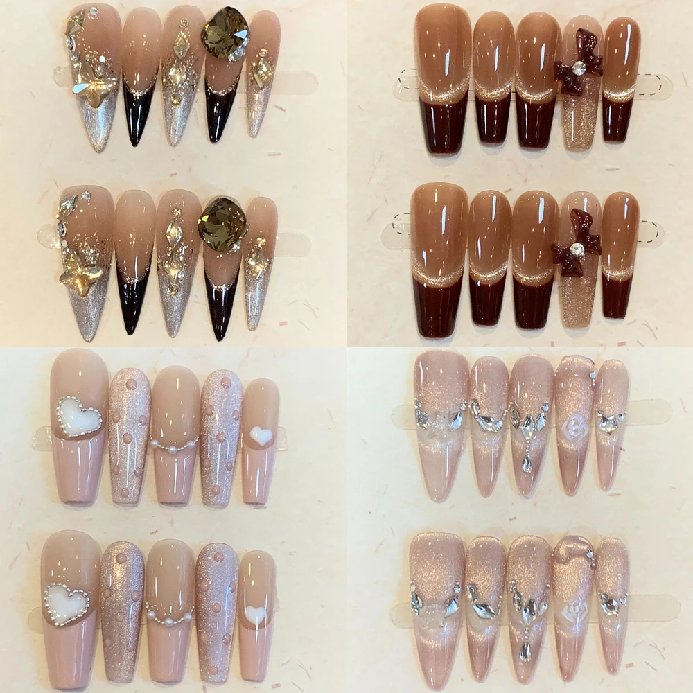 Vintage High-End French Cat Eyes Long Coffin Stiletto Press On Nails Sweet Cute Rhinestone Colorful Glitter Handmade Fake Nails