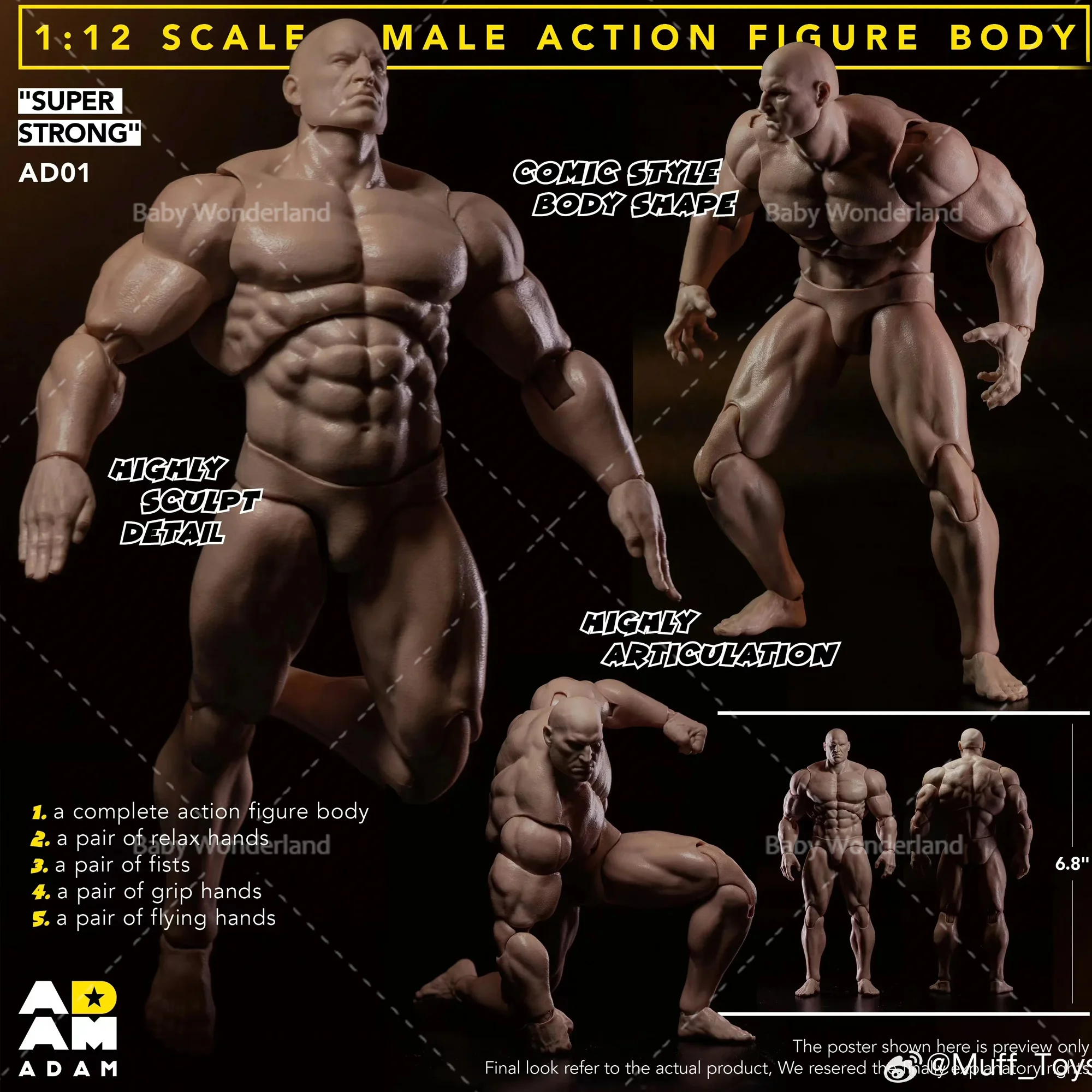 MUFF TOYS ADAM AD01 1/12 Scale Strong Muscular Man Joint body Super Flexible Action Figure Body Dolls 17.2CM