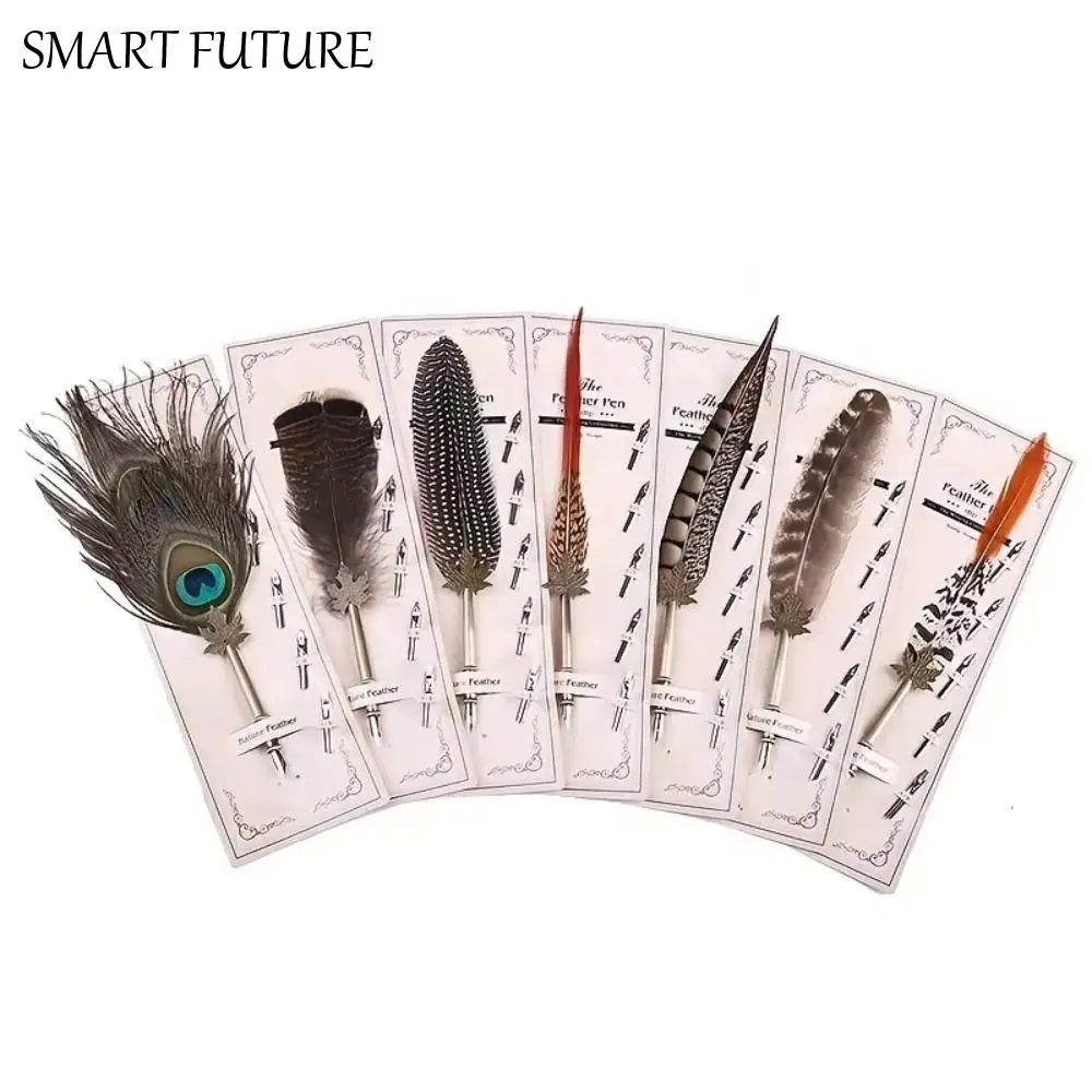 

Европейская винтажная ручка с павлиньими перьями, ручка с чернилами для подписи и каллиграфии, бизнес-ручка с 5 наконечниками, ручка с перьями, подарок на день рождения