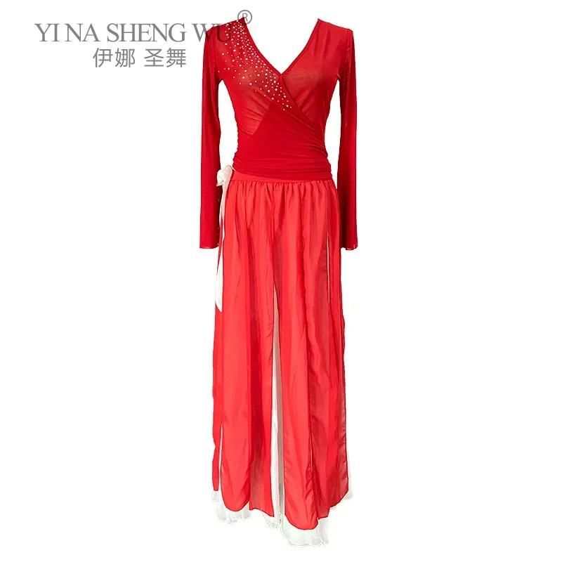 Strój do tańca chińskiego tradycyjnego damski długi rękaw suknia do występów klasyczny ludowy taniec sukienka sceniczna cheongsam spódnica szyfonowa