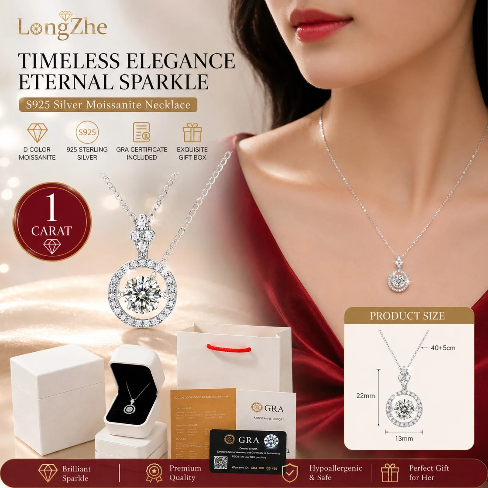 

Lab-Grown Moissanite Necklace, D Color VVS1 GRA, 1CT Moving Heart Pendant, S925 Silver Sparkling Necklace for Women