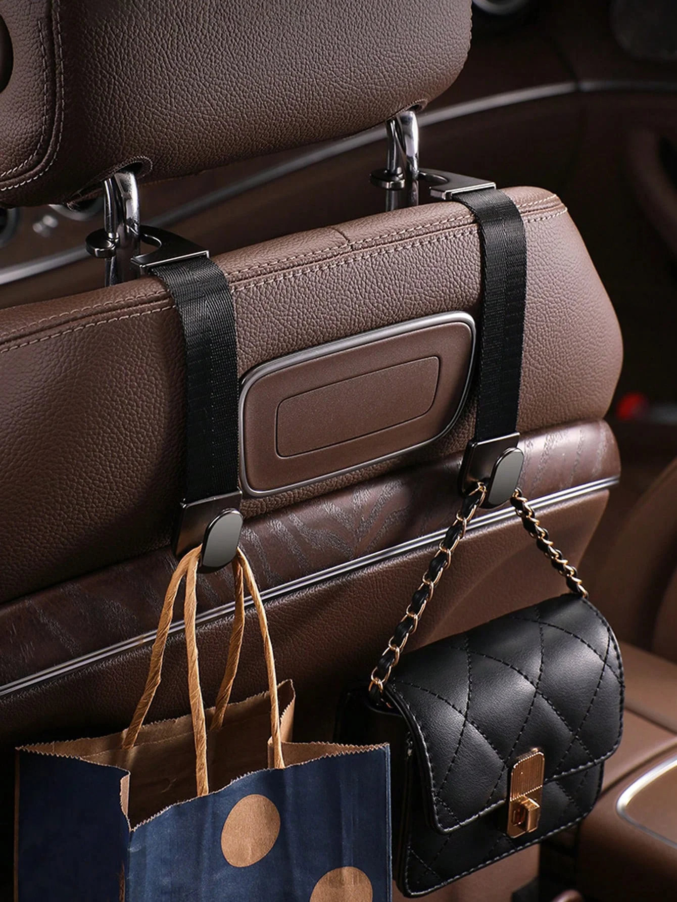 خطاف خلفي لمقعد السيارة مخفي، معدن وجلد قوي، منظم خلفي (حقائب ظهر/زجاجات/حقائب)، قابل للطي، مصنوع من خليط معدني مقاوم للخدش #3