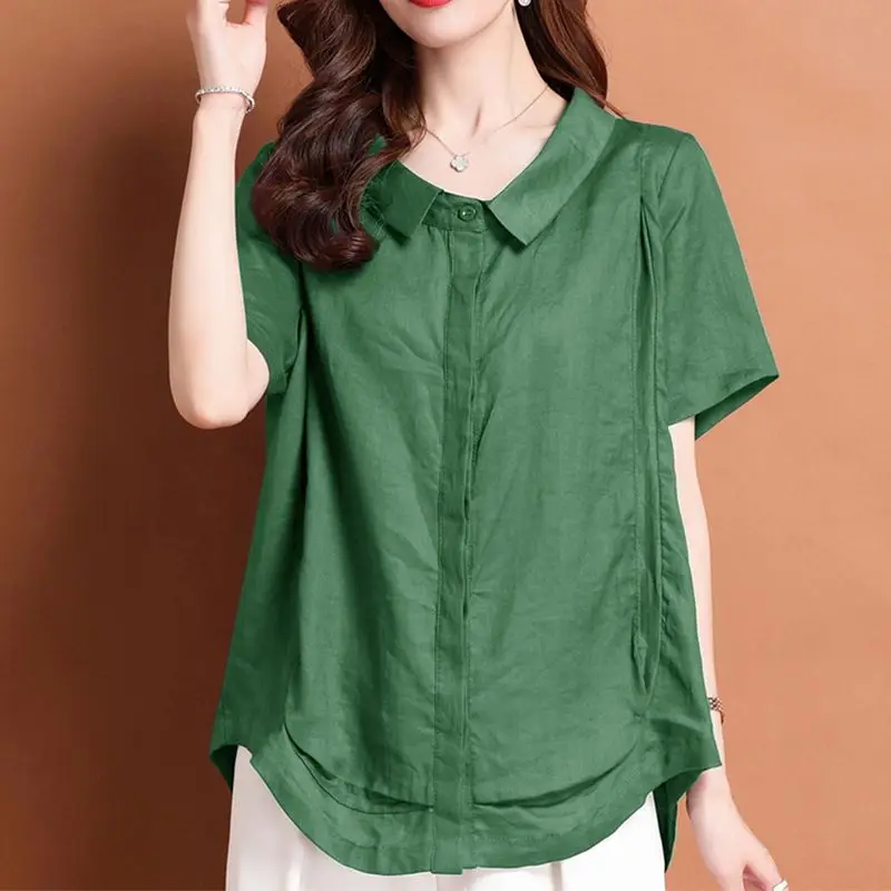 Fashion Lapel Solid Color Folds Blouse Women\'s Clothing 2023 Summer New Oversized Casual Tops Loose Korean Shirt