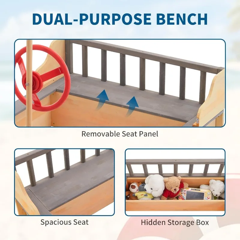 Bac à sable en bois, bateau pirate pour enfants, grands sièges de banc de bac à sable en bois, fosse à sable pour plage, patio extérieur (bois profond)