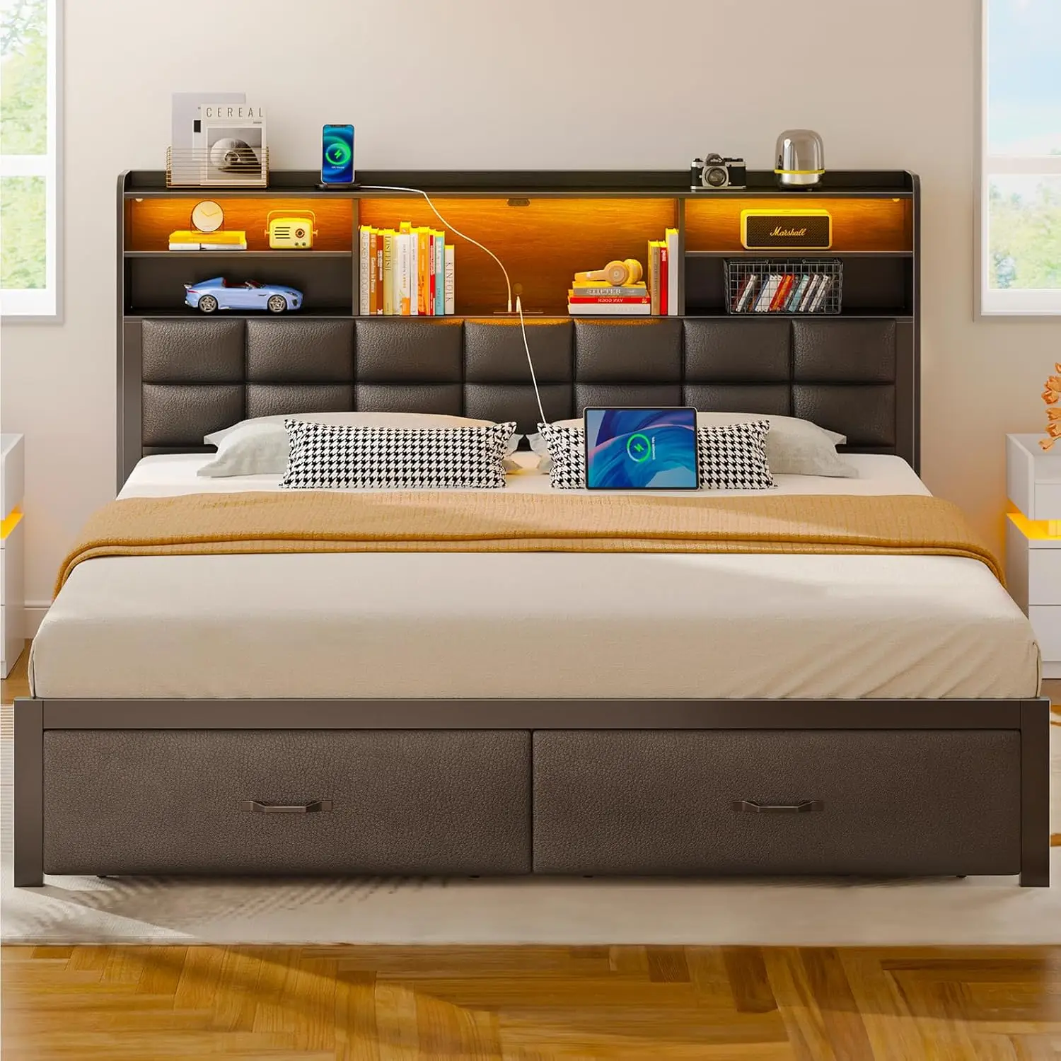 Extra large bed frame with drawers and charging station, cushioned platform bed, no need for box springs, no noise, black