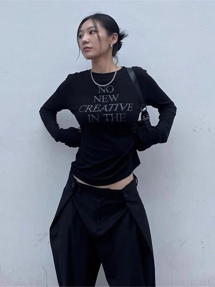 American Style Long Sleeve Letter Print T-Shirt Women's Autumn New Versatile Basic Casual round Neck Base Shirt Top