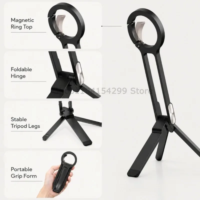 Foldable Magnetic Phone Tripod Stand Lightweight Pocket Handheld Phone Holder Adjustable Magnetic Snap‑on Ring Selfie Video view 2