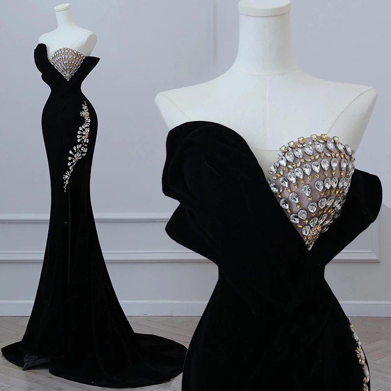 

Ele Bla Evening Gown with Strapl Fi Tail Sequins for Banquet Par Performance Host Formal Dr Long Skirt