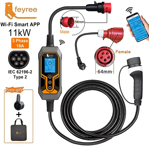 feyree 11kW Typ2 16A 3Phase Tragbares EV-Ladegerät Wi-Fi APP Bluetooth-Version EVSE-Ladekabel 5m CEE-Stecker für Elektroauto