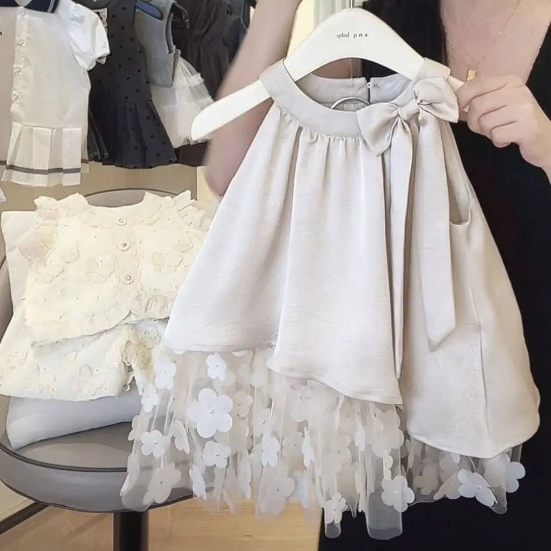 أطفال بنات لطيف الدانتيل شبكة سترة فستان 2025 جديد وصول الأطفال القوس حفلة الرسن فساتين الأميرة الصيف شبكة فستان الشمبانيا