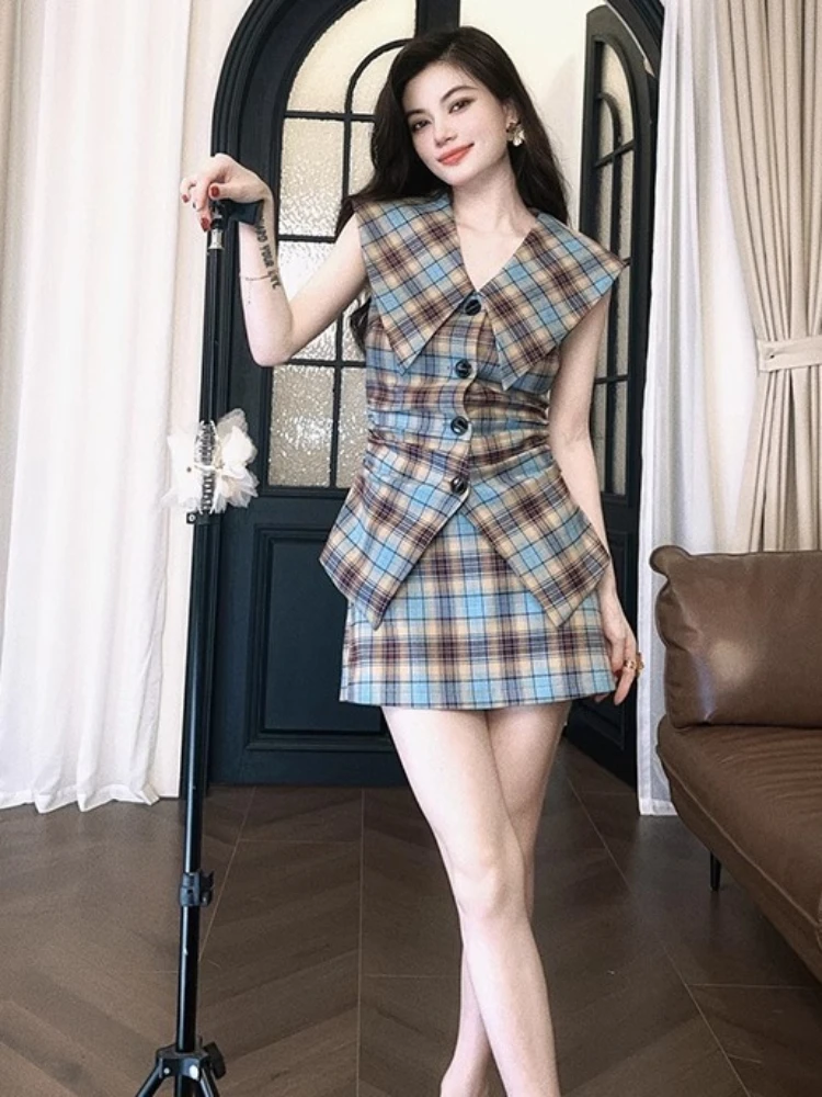 Summer French Vintage Plaid 2-Piece Set Women New Big Flip Collar Slim Fit Shirt Vest Top+High Waist A-Line Skirt Commuter Suit