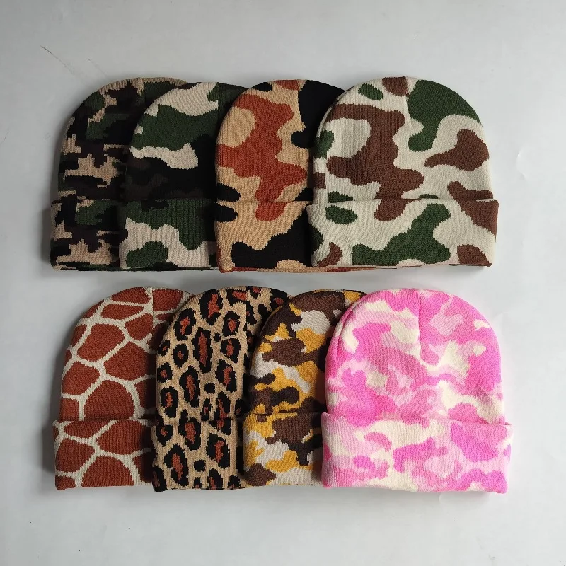 Men Women Stretchy Unisex Knit Beanie Leopard Print Camo Jacquard Winter Warm Windproof Outdoor Cold Weather Fashion Knitted Cap