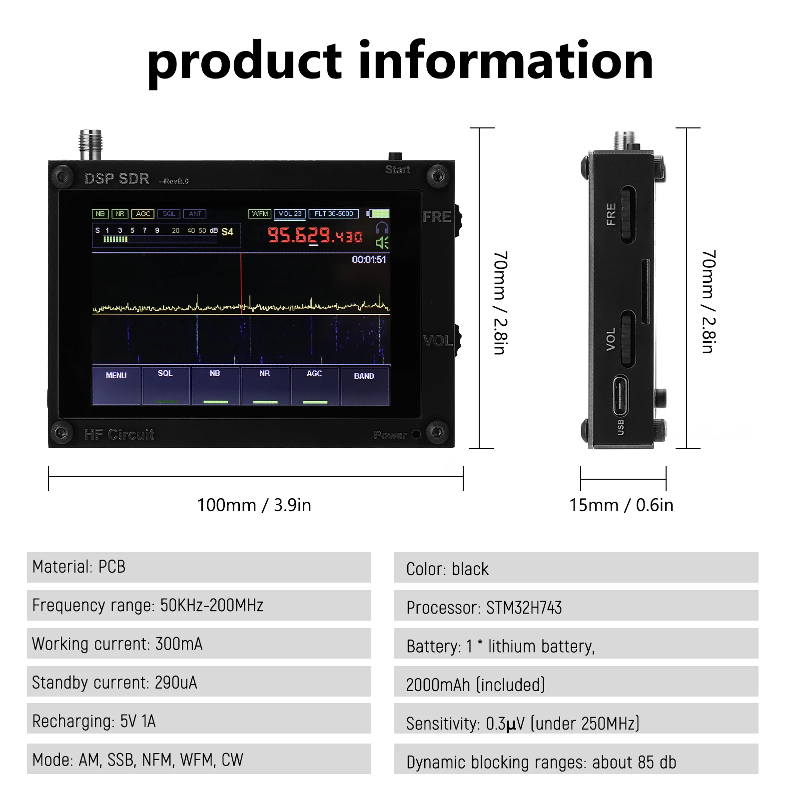 New 50K-2GHz Malachite SDR Radio Malahiteam DSP SDR HAM Receiver + LCD + Battery