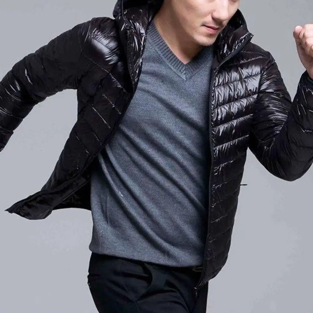 Solid Color Jacket Cotton Padded Jacket Men Winter Stand Collar Long Sleeve Solid Color Outwear Zipper Placket Pocket Quilt Coat