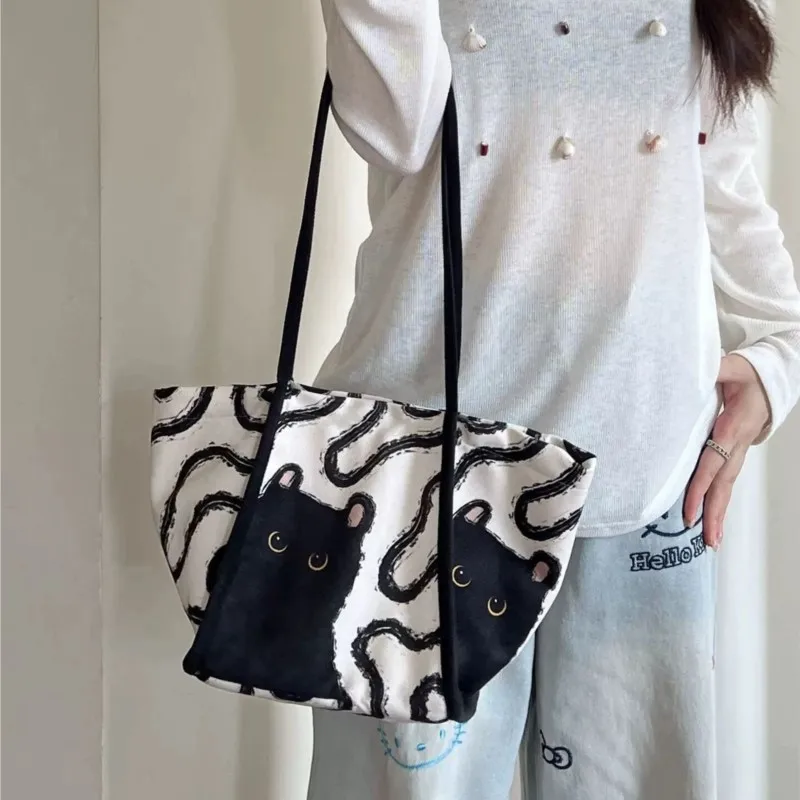 

JIAERDI Cartoon Doodle Bucket Handbag Women Cute Black Cat Canvas Shoulder Bag Ladies Large Capacity Versatile Crossbody Bags