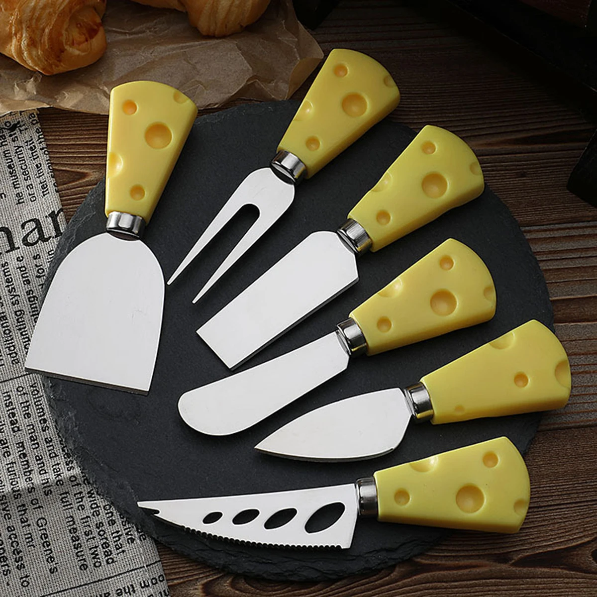 6-Piece Wooden Handle Stainless Steel Cheese Knife, Cheese Knife, Butter Knife, Pizza Knife, Cheese Fork, Butter and Cream