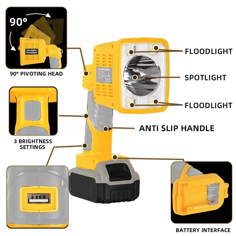 

for DEWALT LED Flashlight 18V Lithium Battery 18W Work Light for Camping, Car Repairing, Emergency and Job Site Lighting