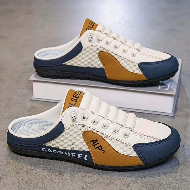 Zapatos informales transpirables antideslizantes para hombre, zapatillas de punta redonda con bloques de Color a la moda, para caminar al aire libre, acampar, ocio, zapatos para hombre