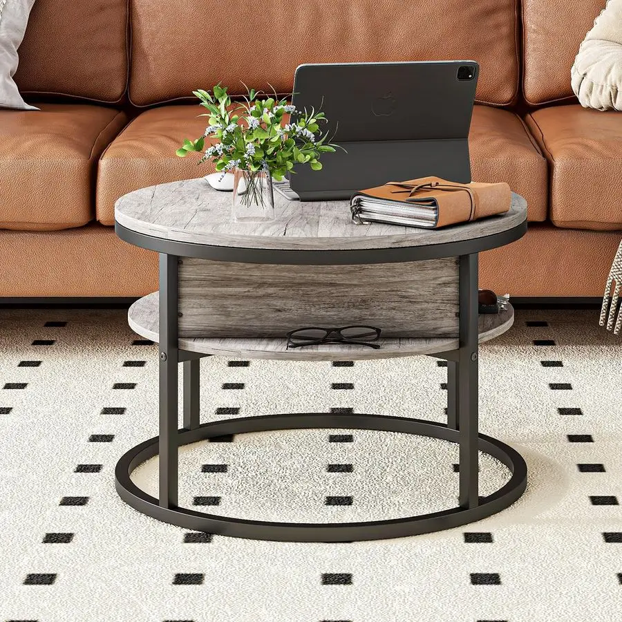 Coffee Table with Storage,Lift Top Coffee Table for Living Room Reception Room,2 Tier Small Round Table Dining Center,Grey