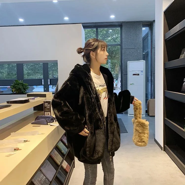 Women Faux Rabbit Fur Coats Solid Fur Jackets Pokcet Zipper Hooded Cotton Linen Long Sleeves Loose Fit Casual 2026 Autumn Winter