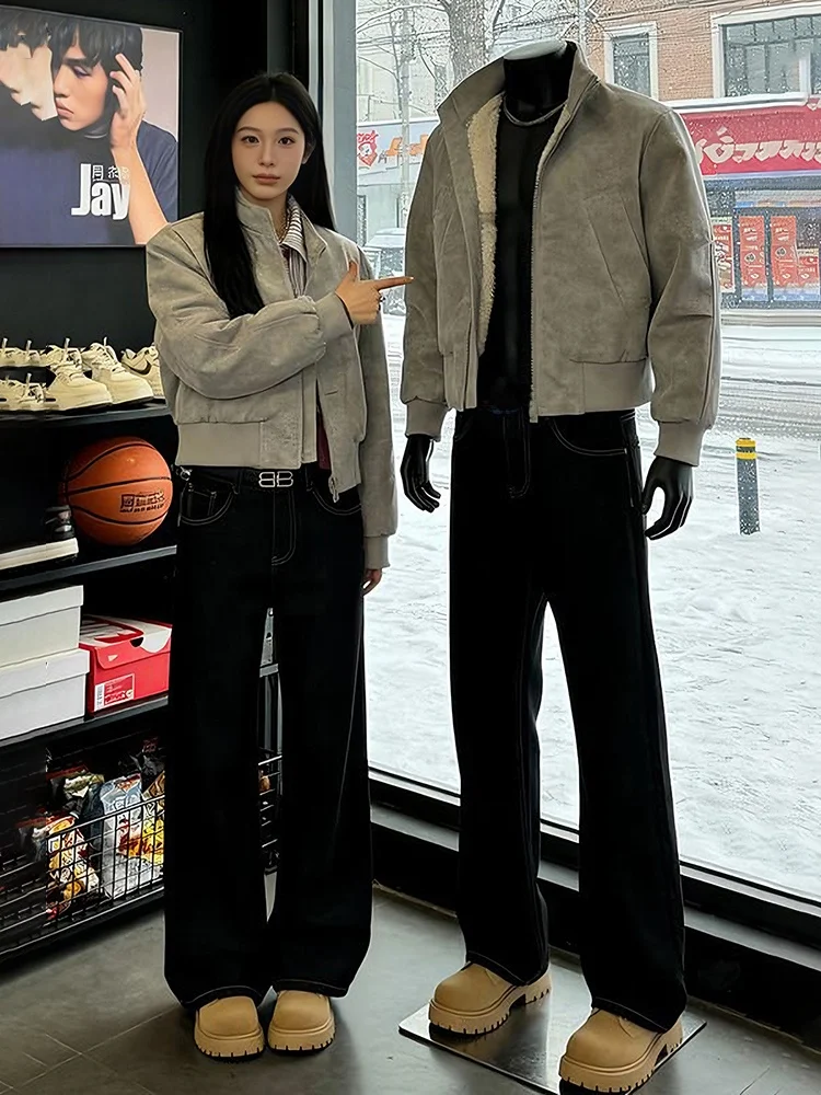 

American Style Lamb Fur Jacket Cotton Coat Men Winter Fleece Lined Warm Cotton Clothes Stand Collar Dyed PU Leather Outerwear