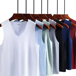 Male Summer Ice Silk T-Shirts Sleeveless V-Neck Vest Tank Top Breathable Cool Sports Undershirt Casual Gyms Running Vest M-5XL