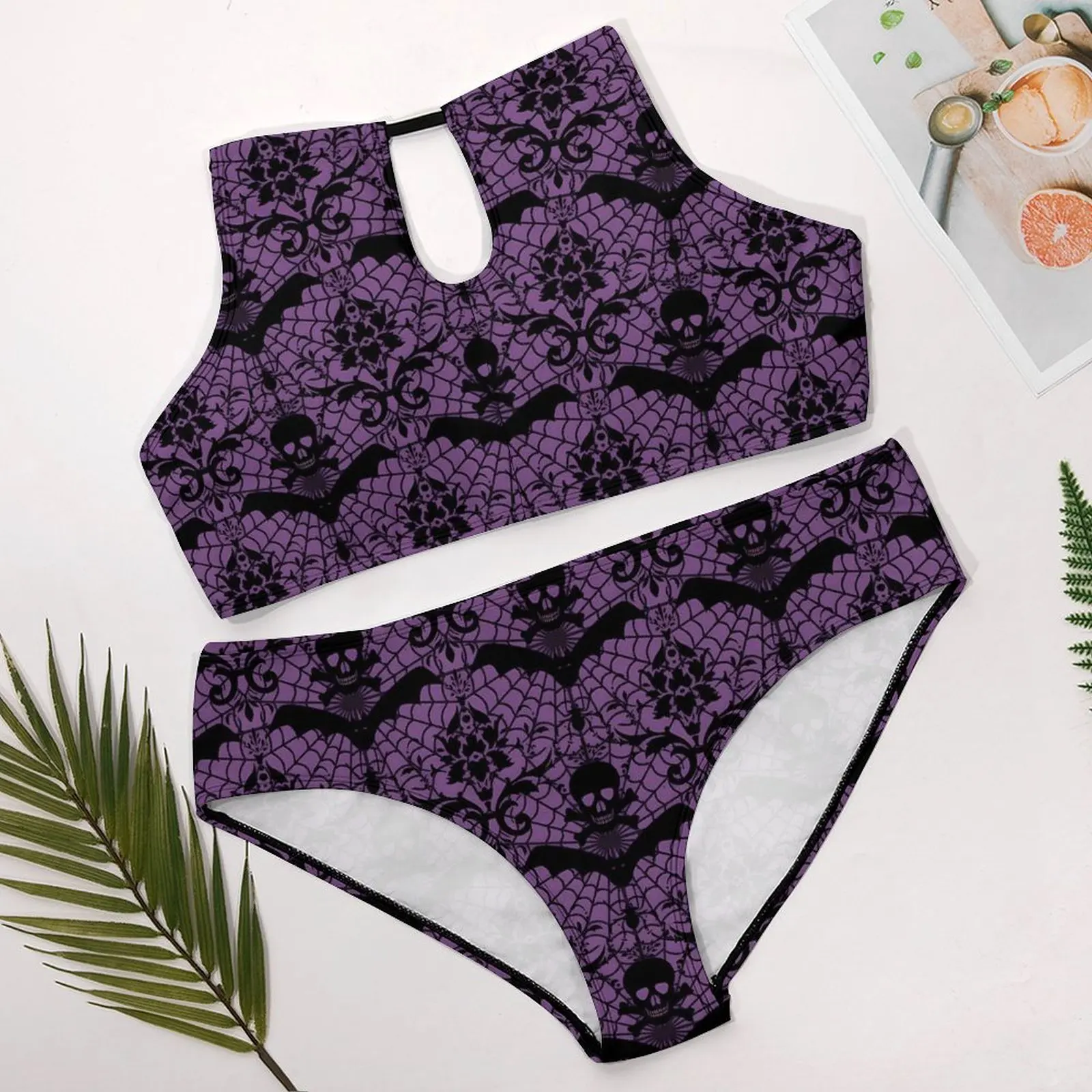 Retro Halloween Bikini Swimsuit Damask Purple Swimwear Sexy Push Up Novelty Bikinis Set Women Fitness Oversize Swimsuits Biquini