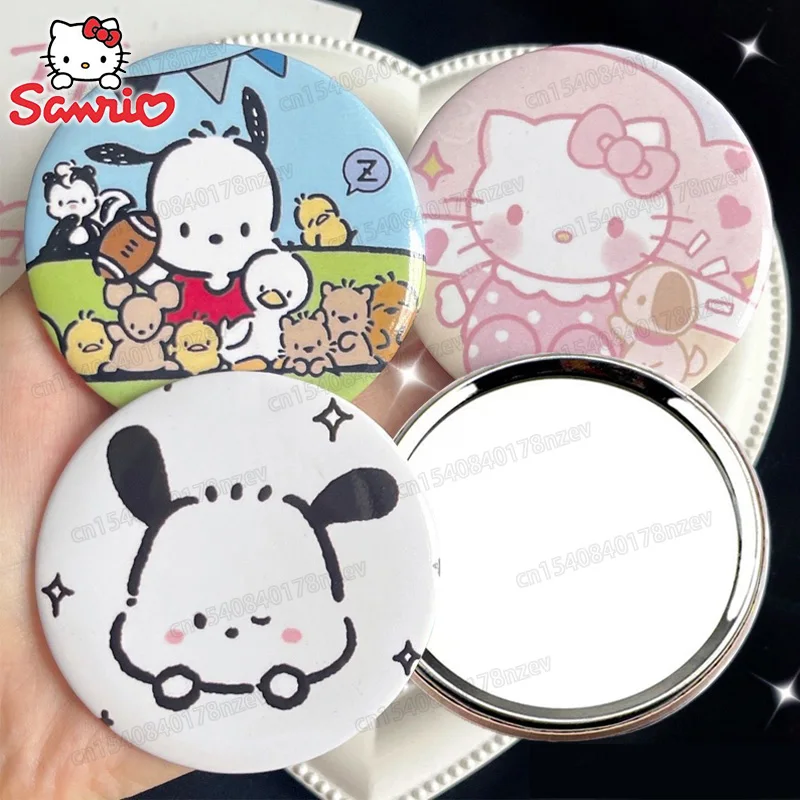 Sanrio Anime Round Mirror Hello Kitty Pochacco Cartoon Cute Makeup Mirror Women Students Trip Travel Portable Mini Round Mirror