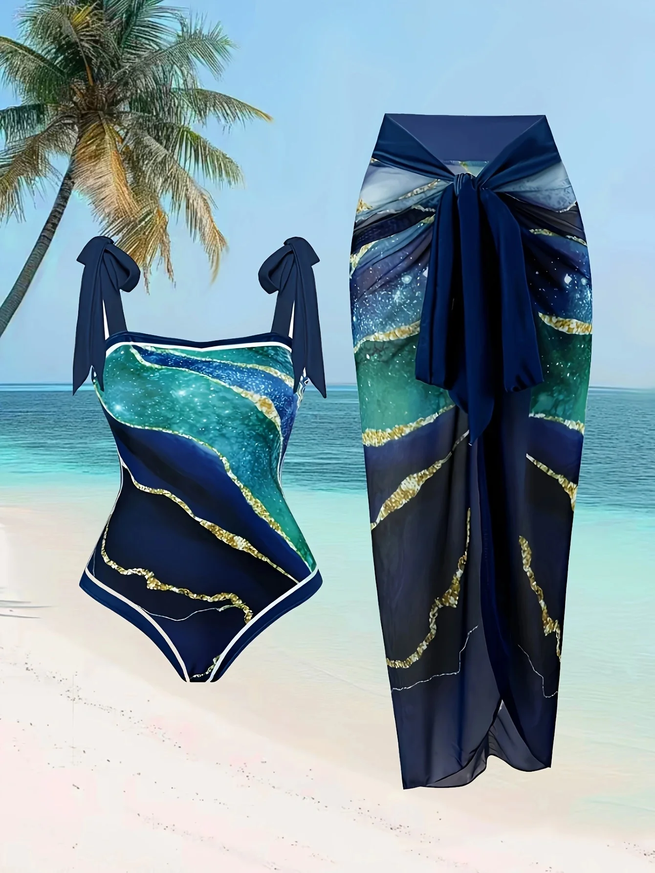 

Navy Marble One-Piece Swimsuit & Matching Sarong Set – Ocean-Inspired Print with Gold Accents