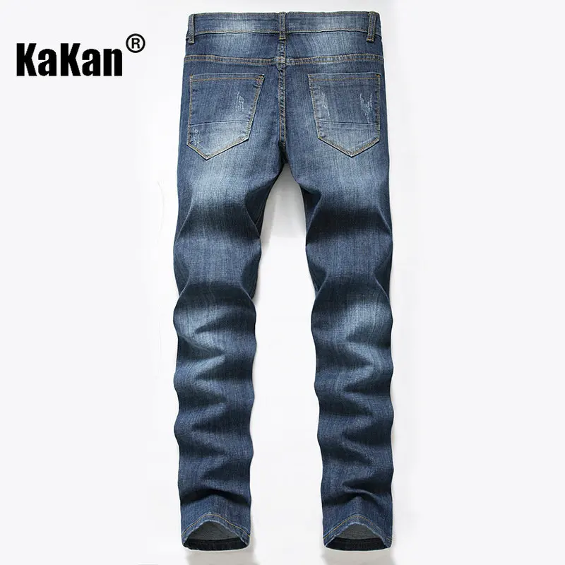 Kakan - European and American New Blue Distressed Jeans for Men's Wear, Worn Out Washed Casual Straight Stretch Long Jeans36-552