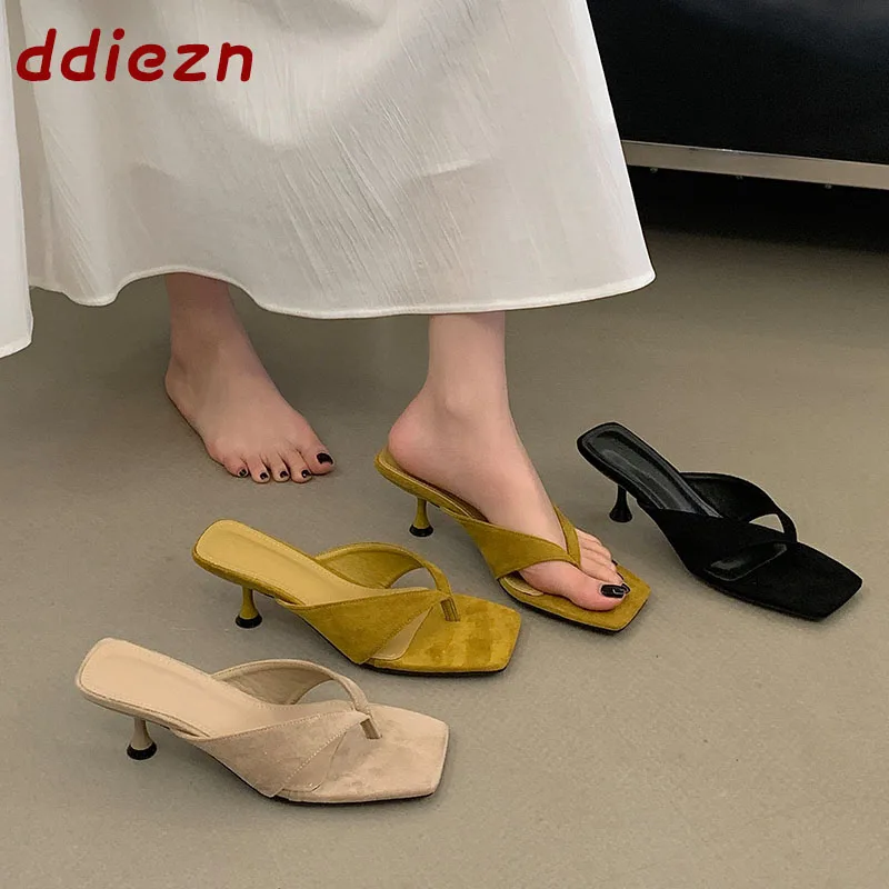 

New 2026 Summer Women Flip Flops Slippers Thin Heels Shoes Fashion Square Toe Outdoor Female Slides Sandals Dress Ladies Shoes