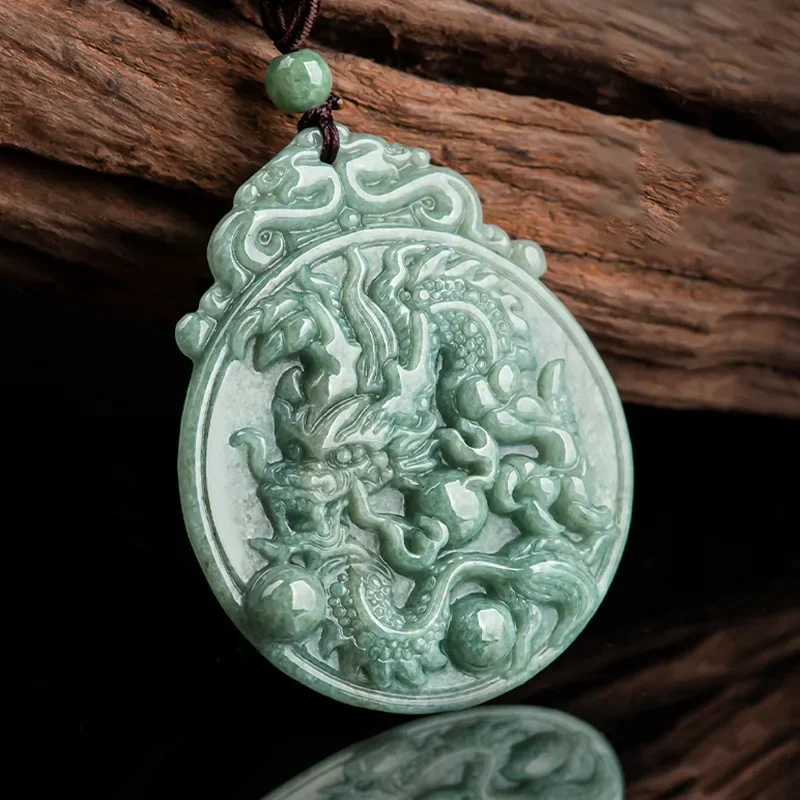 Jiale/ Hand-carved/ Natural Myanmar Jade Zodiac Dragon Phoenix Brand Emerald Necklace Pendant for Men and Women Couple Gift