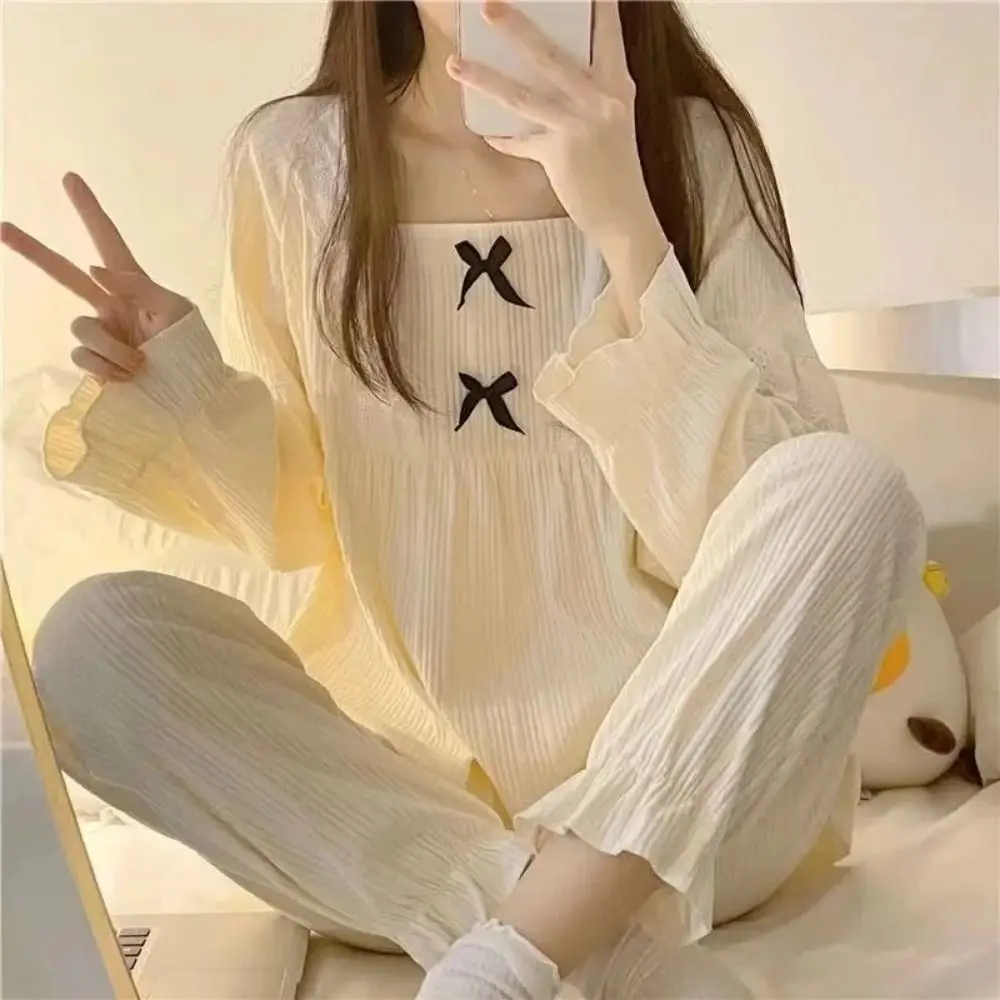 

Bow Knot Spring Pajamas Set Princess Style Thin Section Long Sleeve Pajamas Pants Loose Sweet Adult Pajamas Girlfriends Gift